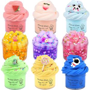 9 Pack Slime Kit, with 3 Jelly Cube Crunchy Slime 3 Cloud Slime 3 Butter Slime, Soft and Non-Sticky, DIY Stress Relief Toys for Girl and Boys, Birthday Gift, Party Favor
