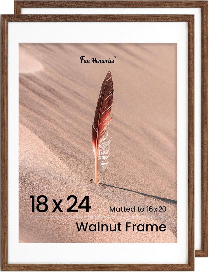 Fun Memories 18x24 Poster Frame, Solid Oak Wood Poster Frames, Modern Photo Frame for Wall 18x24 with 16x20 Mat, High Definition Plexiglass & Wall Hook Included (Walnut, 2 Pack)
