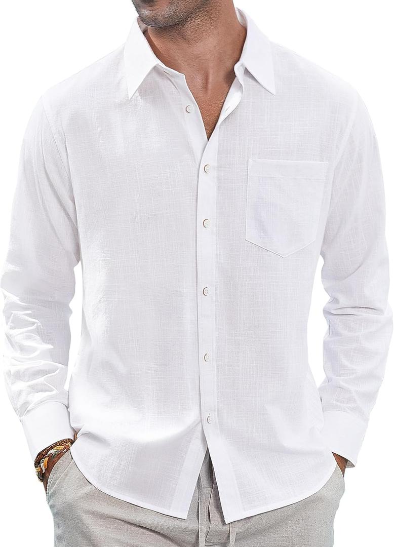 J.VER Men's Linen Shirts Casual Button Down Long Sleeve Shirt Solid Spread Collar Summer Beach Shirts with Pocket (Large, White)