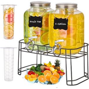1 Gallon Glass Drink Dispensers for Parties, 2PACK Beverage Dispenser with Stand, Fruit Infuser and Stainless Steel Spigot 100% Leakproof, Beverage Dispenser for Lemonade Sun Tea