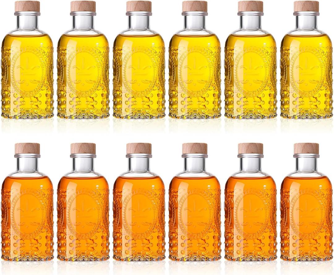 Teenyyou 12 Pcs Clear Glass Bottles 6.8oz/ 200ml Whiskey Glass Bottles Vintage with T Top Cap for Wine Beverage Drinks Oil Vinegar Kombucha Beer Soda with Cork Stopper(Vintage Oval)