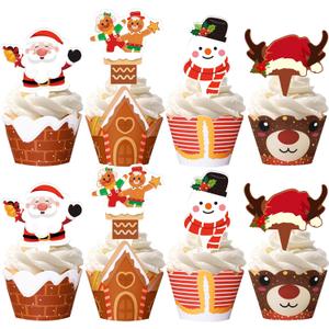 48 Pcs Christmas Cupcake Toppers and Wrappers Double Sided Cupcake Decorative Picks Christmas Party Supplies 4 Designs Include Santa Claus Gingerbread Man Snowman Reindeer