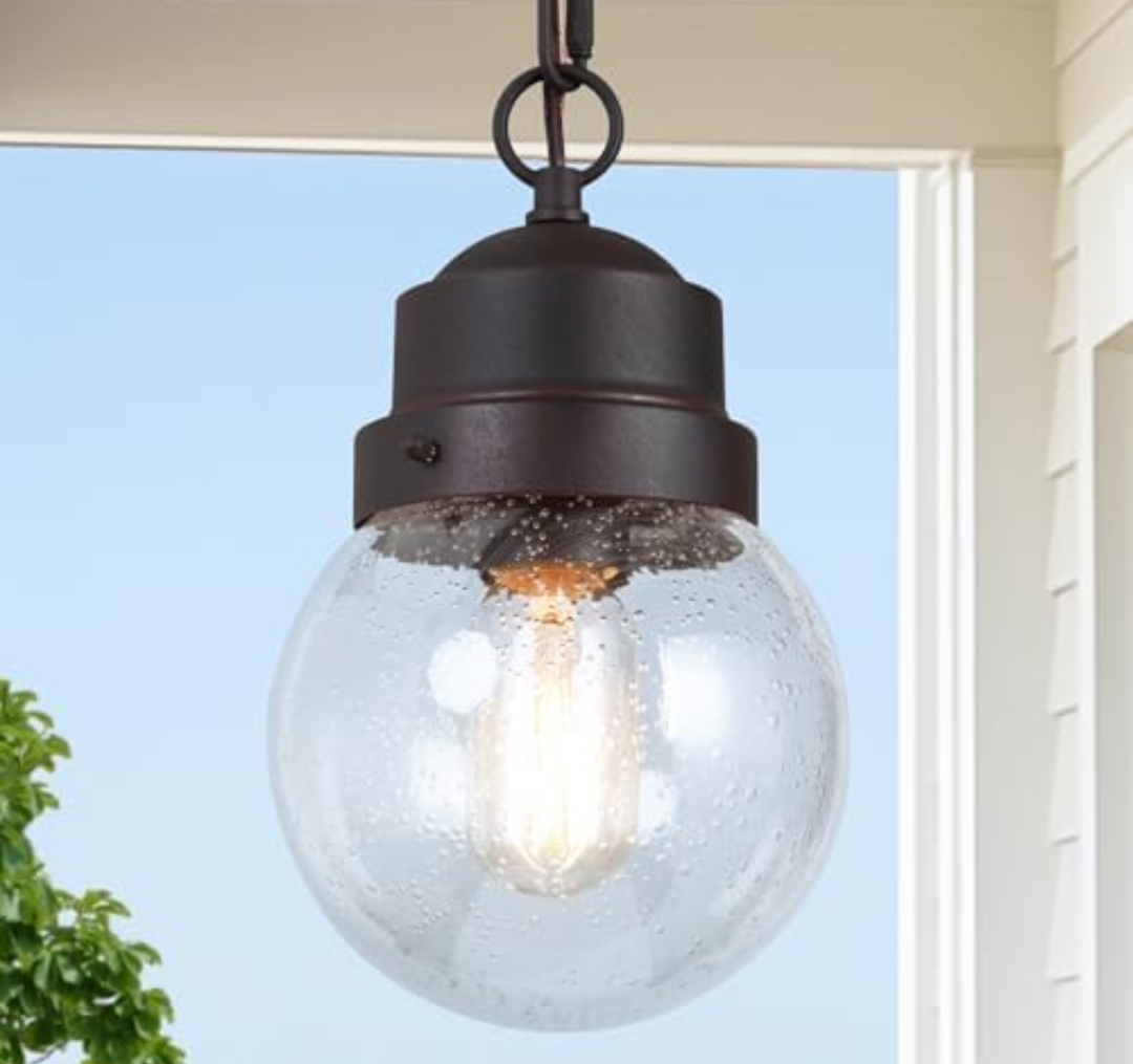 Outdoor Pendant Light Fixture, Farmhouse Exterior Globe Anti-Rust Hanging Lights with Adjustable Chain, Bronze Ceiling Outdoor Lantern Light with Seeded Glass for Front Door, Entry, Porch, and Gazebo