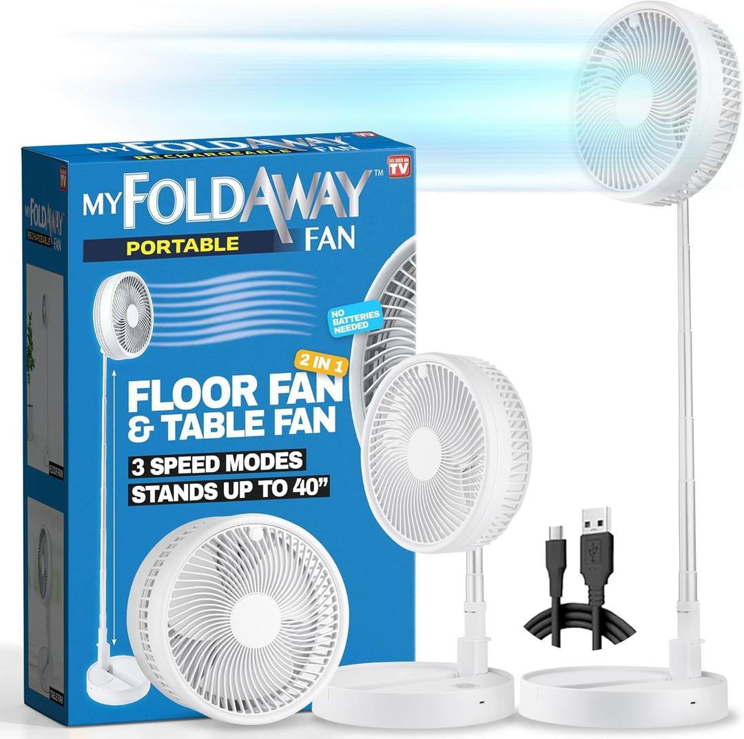MyFoldaway Portable Fan for Travel, USB Rechargeable Cordless Portable Fans for Desk, Home, Camping, Sleeping, Lightweight Compact & Foldable Travel Fan, Pedestal Extends from 4-40, Quiet, 3 Speeds