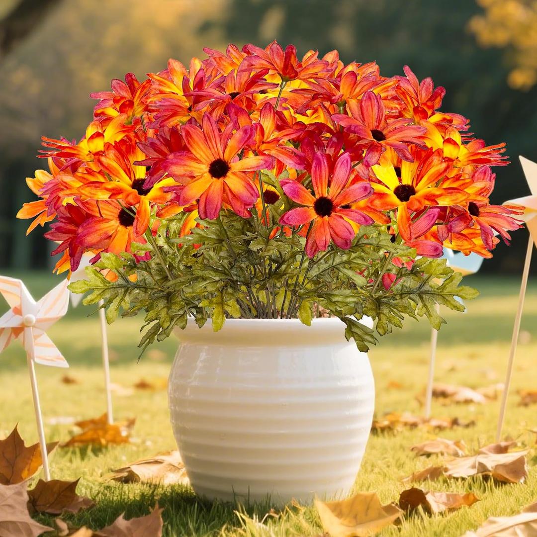 Fall Artificial Flowers Mums Mix Autumn Colors for Outdoors Decoration, 6 Bundles Fake Chrysanthemums UV Resistant Faux Silk Floral for Yard Porch Patio Home Table Centerpiece Decoration