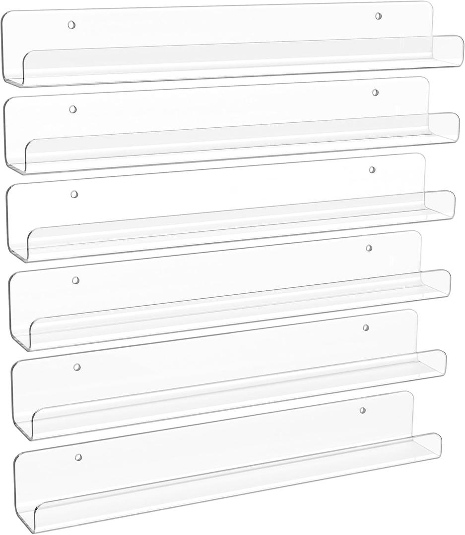 upsimples 6 Pack Clear Acrylic Shelves, 1.7" x12" Clear Wall Shelves for Nail Polish, Vinyl Wall Mount, Record Holder, Magazine Rack, Comic Display, Picture Ledge Shelf Dcor, 12x1.7