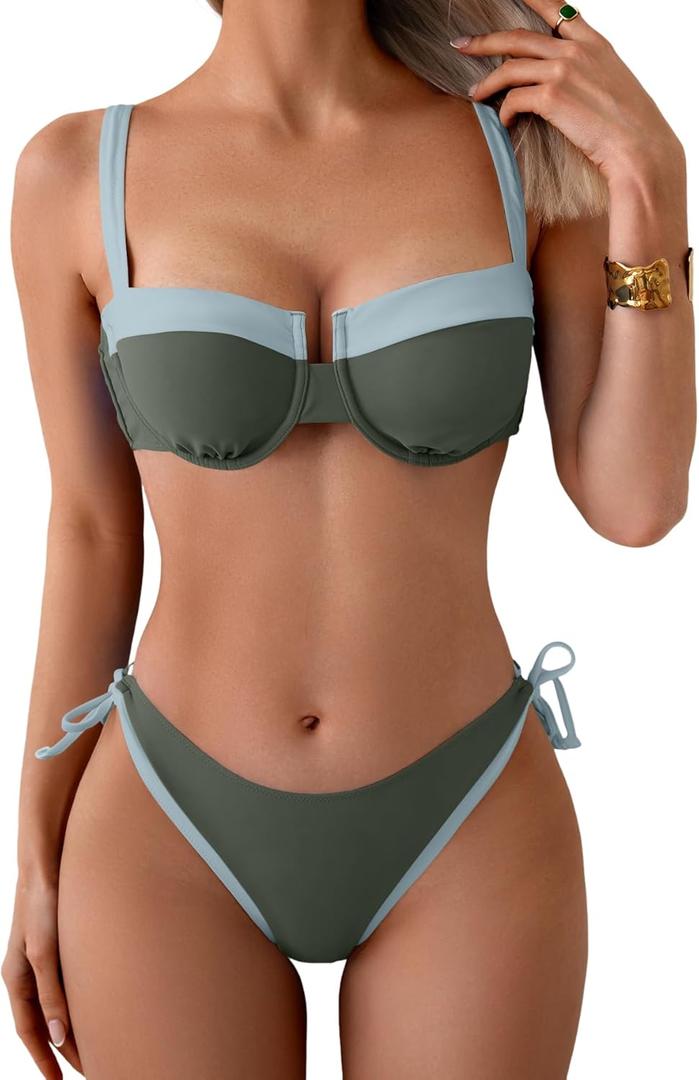 Eomenie Bikini Set for Women Underwire Push Up Two Piece Bathing Suit Color Block Swimsuit Swimwear (XL)