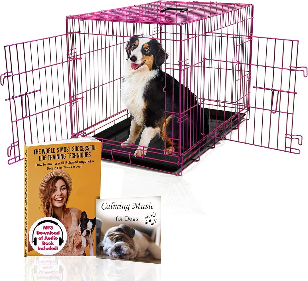 PET Expressions Luxury Colorful 36 Inch Foldable Dog Crate with 2 Doors | Free Training Ebook and Pet Calming Music | 3 Colors & 3 (HOT PINK MAGENTA)