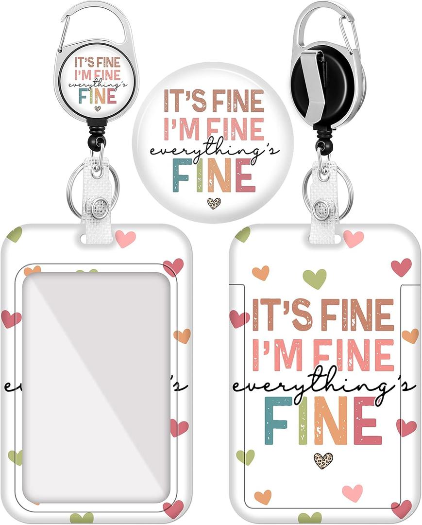 Plifal Badge Holder with Retractable Reel, Funny It's Fine I'm Fine ID Name Tag Work Badge Clip Heavy Duty Vertical Card Protector for Work Office Nurse Medical Student Teacher Women Men (Colorful)