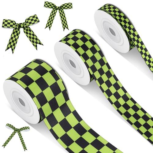 Cunno 3 Rolls Christmas Lime Green and Black Checkered Ribbon Grosgrain Printed Ribbon Racing Car Theme Printed Checkered Plaid Buffalo for DIY Crafts Wreath Party, 0.4, 0.87, 1.5 Inch Wide, 15 Yard