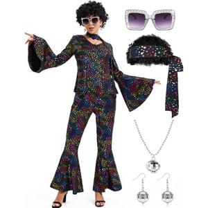 Lydoesy Women 70s Disco Costume 8 PCS Disco Outfit for Halloween Cosplay Party Size XXL