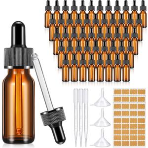 Lallisa 100 Pack Essential Oil Dropper Bottle 15 ml (1/2 oz) Glass Dropper Bottles DIY for DIY Essential Oil Perfume with 5 Funnels 5 Pipettes 3ml 100 Labels for Bathrooms, Hotels, Labs (Amber)