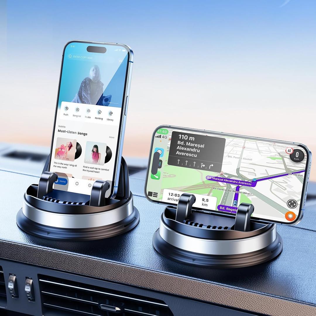 Dash Cell Phone Car Mount, Multifunctional Car Dashboard Mobile Phone Holder, 360 Rotatable Non Slip Mat Universal Car Phone Stand Hands Free, Compatible with iPhone, Samsung, Google, Android (Silver)