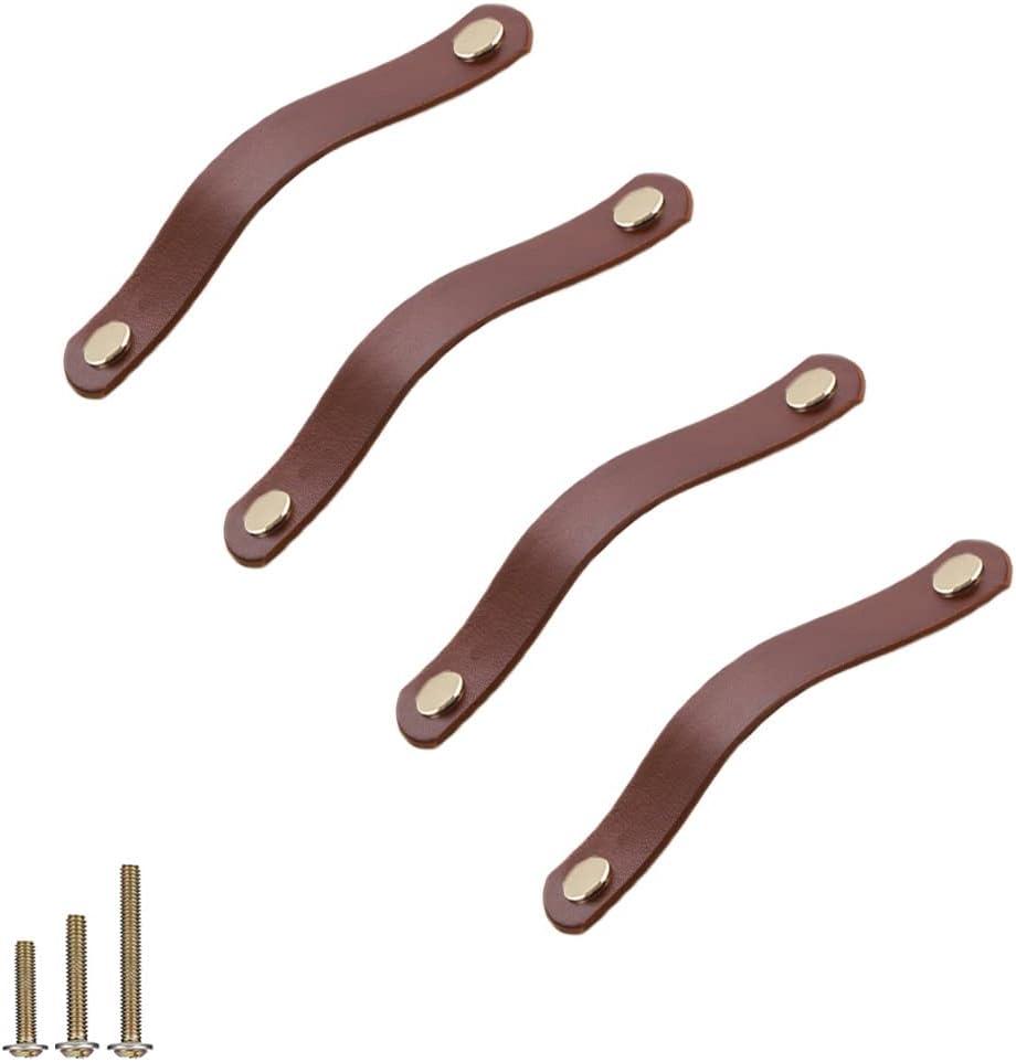 4 Pack Soft Genuine Leather Drawer Pulls Handle,Wardrobe Cabinets Kitchen Closet Knobs Door Pulls Handles knobs with Screws,Home Decoration, Handmade (4 Pack, 5.6" - Brown) (4 Pack, 5.6" - Brown)