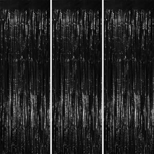 Voircoloria 6 Pack 3.3x8.2 Feet Black Foil Fringe Backdrop Curtains, Tinsel Streamers Birthday Party Decorations, Fringe Backdrop for Graduation, New Years, Halloween, Disco Party