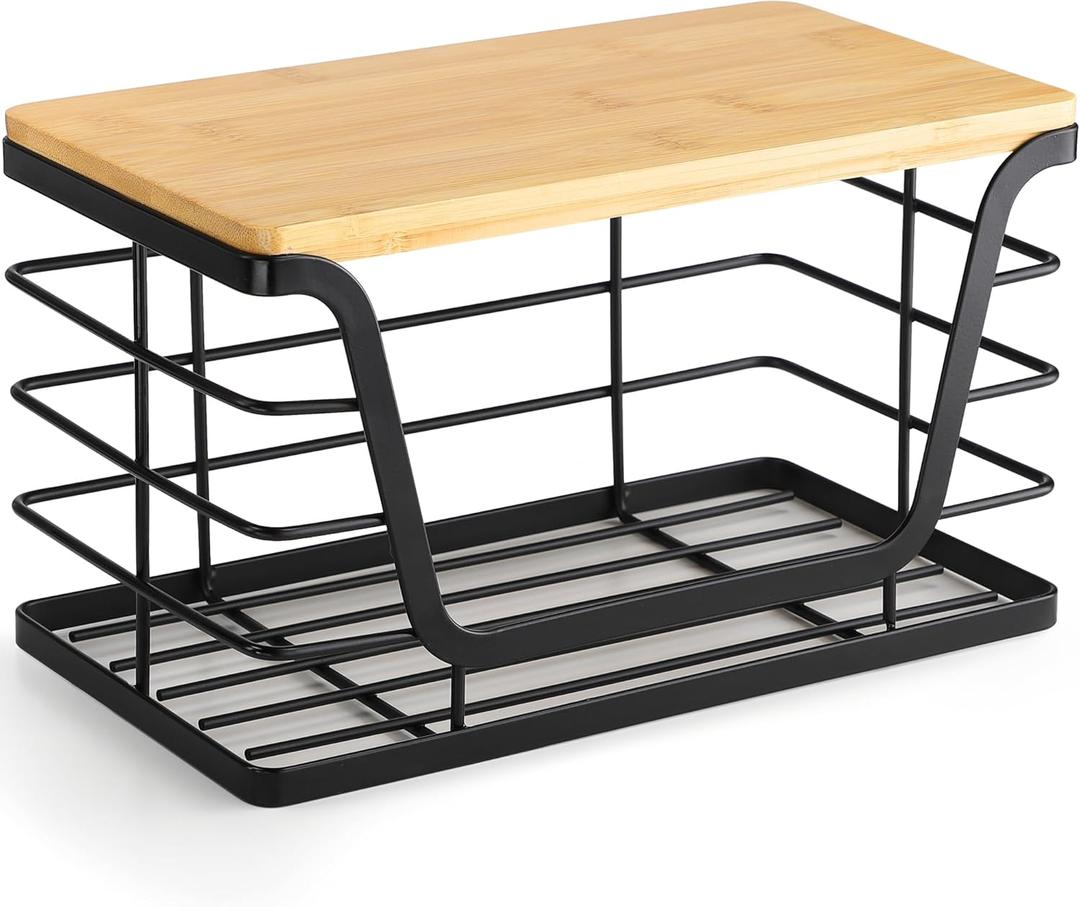 ALOCEO Small Wall Basket, Stainless Steel Adhesive Cabinet Door Organizer with Bamboo Top for Kitchen, Cabinet, Pantry, Black