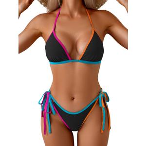 Eomenie Sexy Bikini Sets for Women Halter Triangle Top Two Piece Swimsuit Tie Side Bathing Suit Color Block Swimwear (Black, L)