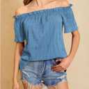 MakeMeChic Women's Summer Off Shoulder Tops Ruffle Short Sleeve Dressy Casual Blouse Top (Blue, M)