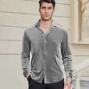 Alex Vando Mens Velvet Shirts Regular Fit Long Sleeve Soft Stretch Casual Button Down Shirt (Silver, L)
