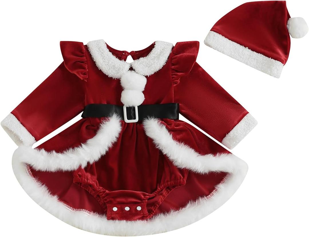 Newborn Baby Girl Christmas Outfit Ruffle Long Sleeve Red Velvet/Plaid Romper Dress Xmas Cute Fall Winter Clothes (12-18 Months)