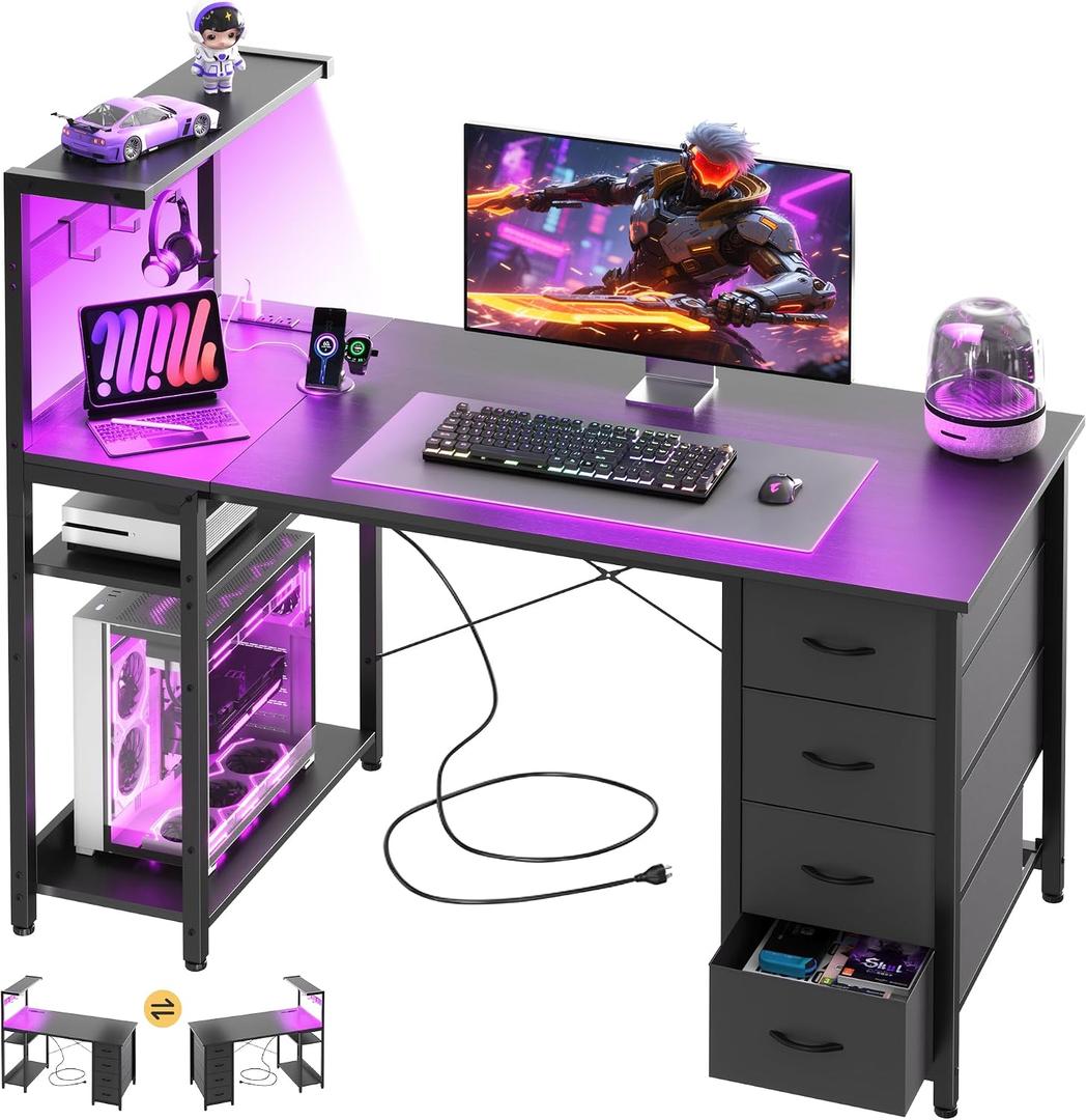 47in Gaming Computer Desk with Drawers & Storage Shelf & Iron Hook, Black
LED Light, Power Outlet, Reversible Gaming Table, Study Work Desk, Pc Desk, Escritorio Gamer for Small Space, Home Office