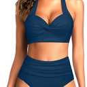 Tempt Me Women Two Piece Swimsuit High Waisted Bikini Halter Vintage Retro Bathing Suit Push up Swimwear, XL, Color: Indigo Blue