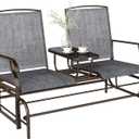Outsunny Outdoor Glider Bench with Center Table, Metal Frame Patio Loveseat with Breathable Mesh Fabric and Armrests for Backyard Garden Porch, Gray (Grey)