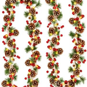 13.1Ft 60LED Prelit Christmas Garland with Lights, Battery Operated Berry Pinecones Red Garland Lights, Winter Garlands for Decoration Christmas Mantle Fireplace Indoor Outdoor Home