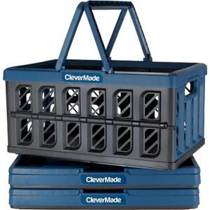 CleverMade Collapsible Shopping Basket, Ocean, 3PK - 24L (6 Gal) Reusable Plastic Grocery Shopping Baskets, Holds 25lbs Per Basket - Small Foldable Storage Crates with Handles