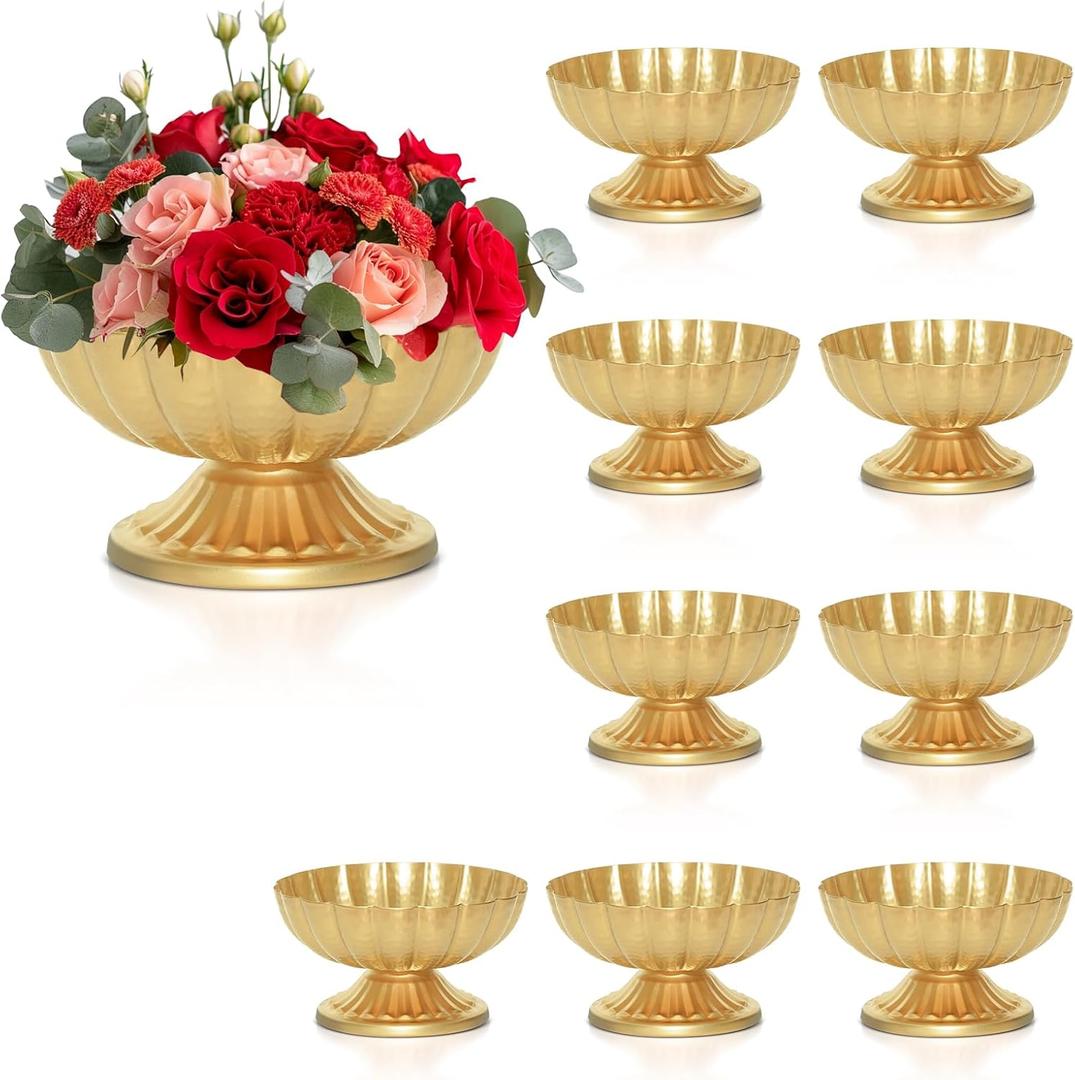 Gold Flower Vases for Centerpieces: Vintage Compote Bowl Vase for Wedding Gold Centerpieces for Table 4 Inch Small Pedestal Vase for Party Metal Urn Vases for Anniversary Home Set of 10