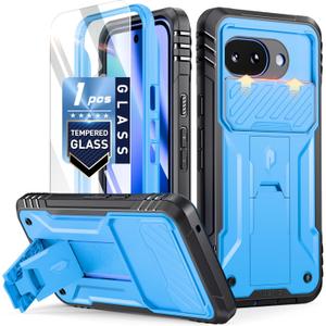 Poetic Revolution Case for Google Pixel 10A,| Slide Camera Cover | Tempered Glass Screen Protector | 20FT Mil-Grade Drop Tested |Full-Body Rugged Dual-Layer Shockproof Cover with Kickstand, Light Blue
