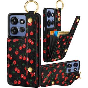 Petitian for Moto G 5G/Play 2025 Case with Wallet - Women Girls Cute Girly Aesthetic Design Leather Credit Card Holder Cardholder Stand Wristband for Motorola G 5G/Play 2025, Black Cherry
