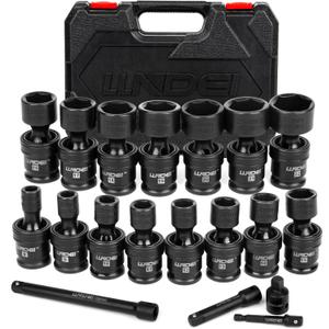 LLNDEI 3/8" Drive Universal Impact Socket Set, 19 Pieces CR-MO Swivel Socket Set, Metric(8-22mm) Wobble Sockets 6 Point with Extension Bars, Adapter and Black Organizer
