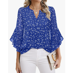 Timeson Women's 3/4 Sleeve Tops Dressy Casual Business Work Blouses Chiffon Office Shirts Size L, Blue
