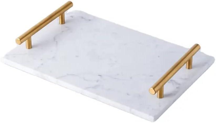 Olbia White Marble Tray with Gold Handle, Breakfast Serving Tray, Rectangle Decorative Perfume Tray, (White Marble)