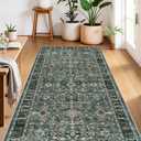 Washable Hallway Runner Rug 4x12: Green 12ft Runners for Hallways Soft Non Slip Kitchen Rugs for Bedroom Bathroom Entryway - Stain Resistant Vintage Floral Carpet (Dark Green Multi, 4X12)