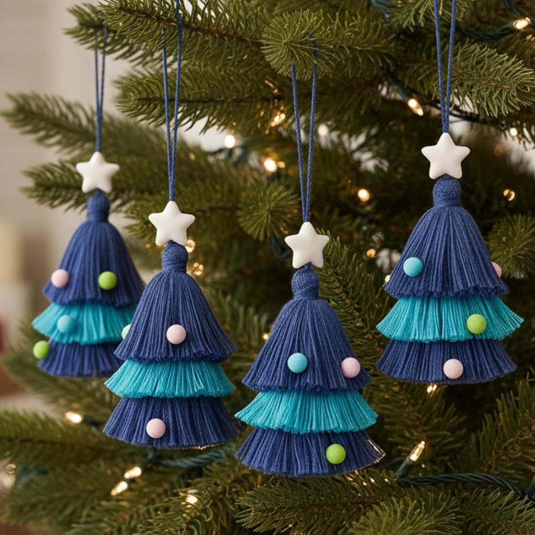 Leinuosen 12 Pcs Christmas Tree Ornament 4.8 Inch Yarn Tassel Christmas Hanging Ornament Handmade Macrame Xmas Tree Decor (Blue)