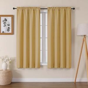 Lecloud Bessie Gold Curtains 63 Inch Length 2 Panels, Light Filtering Curtains for Bedroom, Faux Linen Textured Rod Pocket Curtain Drapes, Window Treatments for Living Room, Each 40 W x 63 L