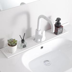 24'' Longer Faucet Mat for Kitchen Sink [Diatomite Stone Super Fast Drying] Stone Faucet Mat for Kitchen Sink Splash Guard Sink Stone Quick Dry around Faucet Stone Drying Mat Bathroom Quick Drying Mat (23.7" x 4", White)
