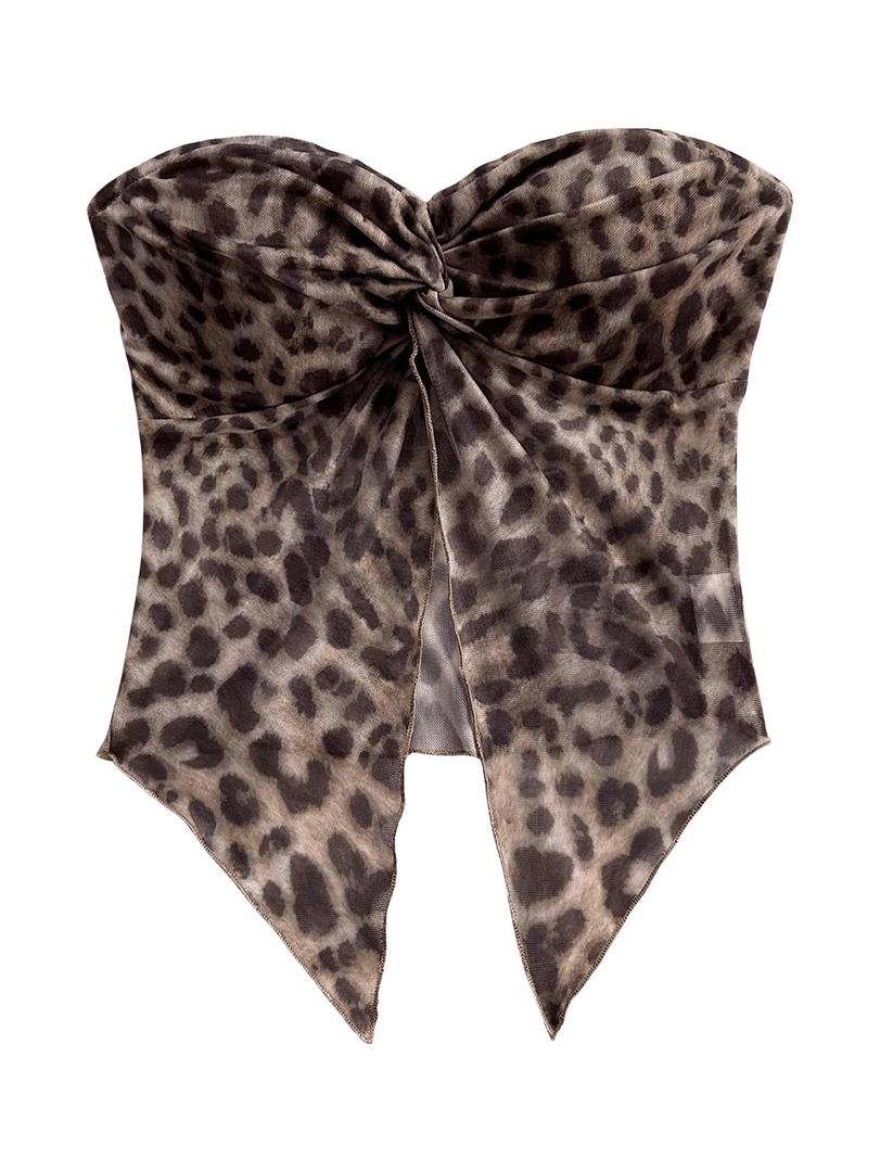 WDIRARA Women's Leopard Print Twist Tube Top Split Front Strapless Asymmetrical Bandeau Top Multicolor, L