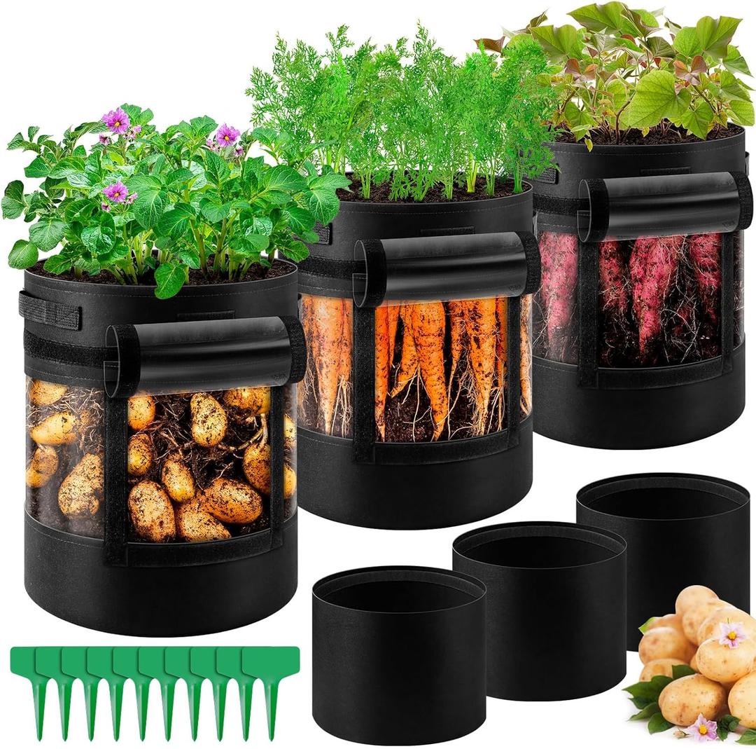 3 Pack 10 Gallon 360 Visibility Potato Grow Bags with Shading Flap, Plant Grow Bags for Growing Potatoes Heavy Duty Thickened Nonwoven Fabric Gardening Vegetable Growing Bags with Harvest Window