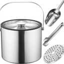 3L Double-Wall Insulated Ice Bucket with Lid, Ice shovel &Tongs and Strainer, Stainless Steel Ice Bath Tub with Silicone Sealed Lid for Wine, Ice Buckets for Parties, Wine Chiller, Light Sliver