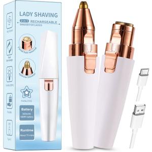 Facial Hair Removal for Women,2 in 1 Electric Hair Removal Device for Chin Upper Lip Peach Fuzz & Rechargeable Eyebrow Trimmer with LED Light for Precise Shaping