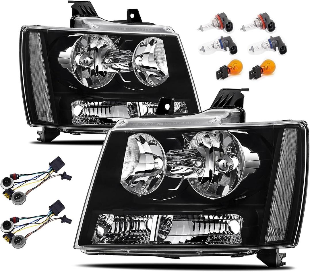 Headlights Assembly w/Bulbs & Harness compatible with 2007-2013 Chevy Tahoe Avalanche Suburban Halogen Head Light Headlamp Assembly, Black Housing Clear Side (w/Bulb sets)