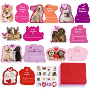 Winlyn 48 Sets Assorted Dogs Valentine's Day Cards Scratch & Sniff Strawberry Scented Valentine Cards Cute Pet Love Cards with Envelopes Stickers Tattoos for Kids Party Favor Classroom Gift Exchange