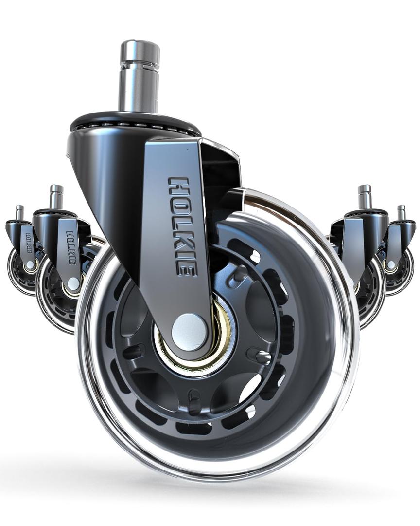 HOLKIE Office Chair Wheels - Universal Fit 3 Inch Roller Blade Casters - Safe for Hardwood Carpet Floors - Heavy Duty Rubber Replacement for Gaming Chairs - Smooth, Silent Glide - Set of 5