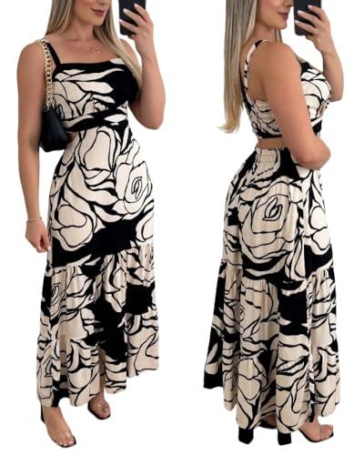 CHICME Summer Dresses for Women 2026 Sleeveless Casual Boho Maxi Dress Square Neck Hollow-Out Floral A Line Black Dress-S