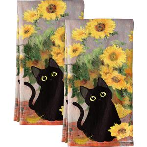 Flour Sack Kitchen Towels - Set of 2 Cotton Dish Towels with Hanging Loop Decorative 16x26 Inch Absorbent Cute Design for Housewarming Gifts, Cat Blossom