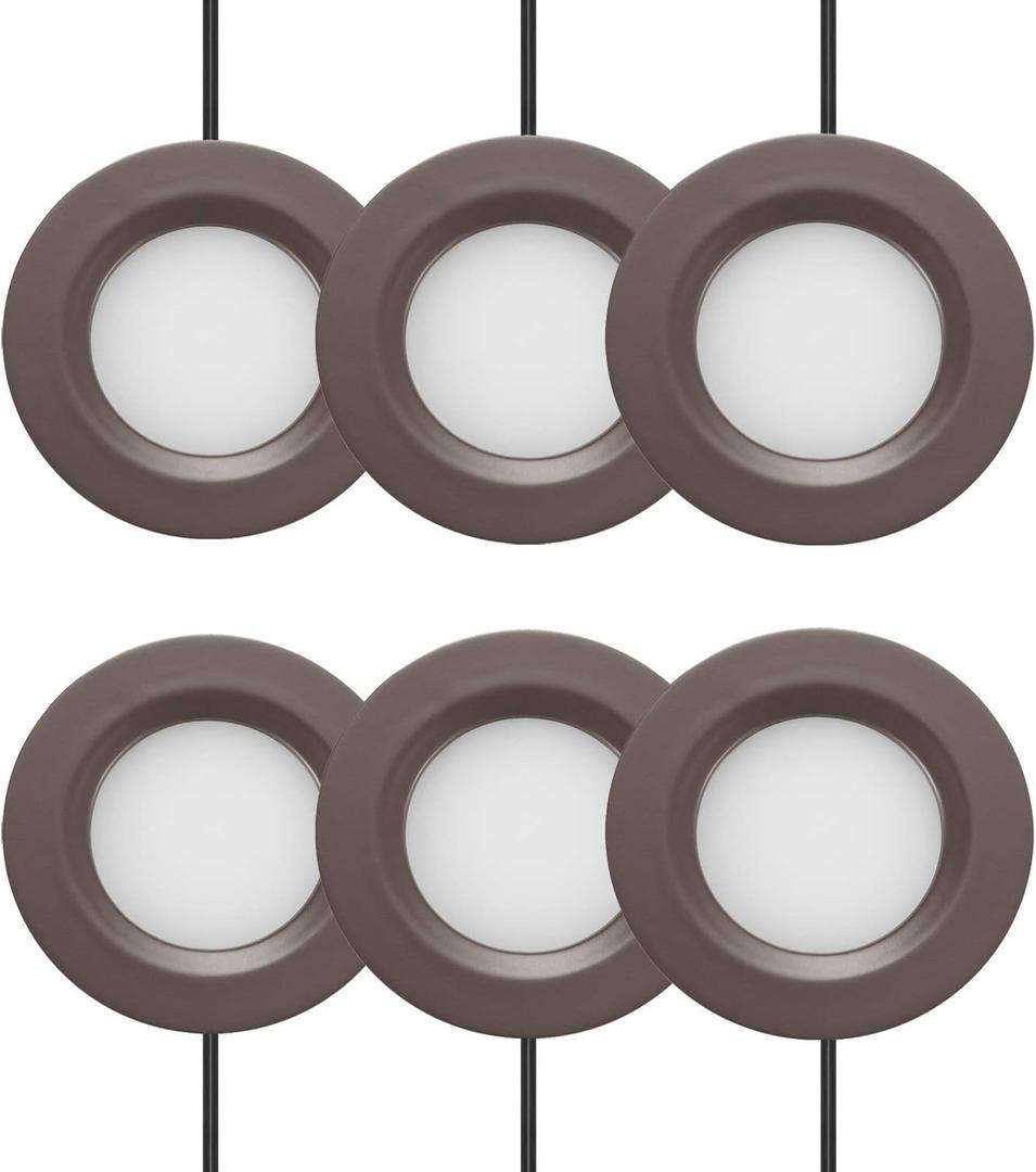 GETINLIGHT 2.75" Wide 3000K Dimmable LED Puck Lights Kit, Plug-in Installation with recessed or Surface Mounted, Bronze Finished, Set of 6, IN-0102-6-BZ