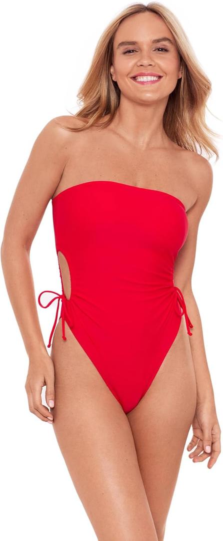Sports Illustrated Womens Strapless One Piece W/Adjustable Side Cutouts (Large, Flame Red)